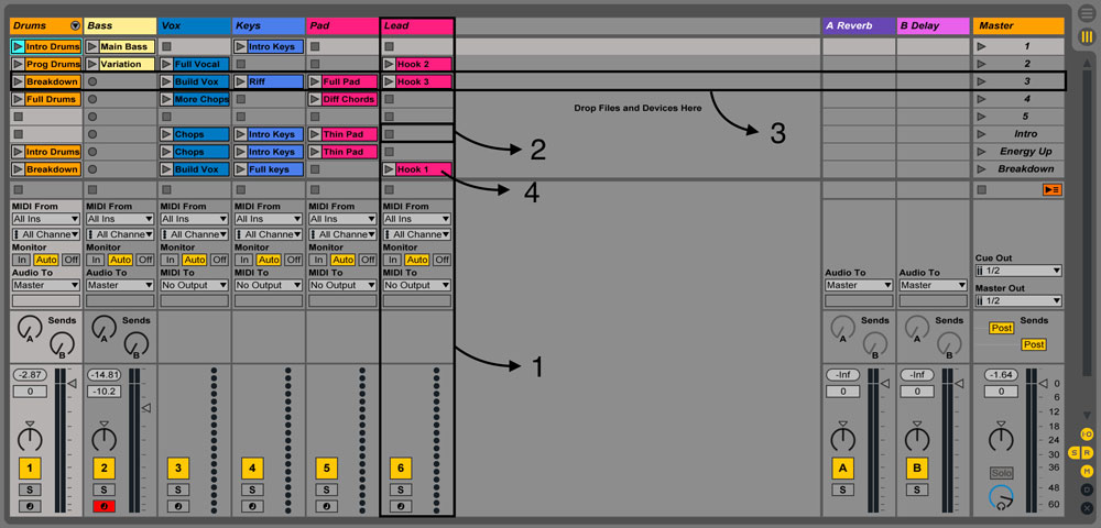 Ableton session view with labels