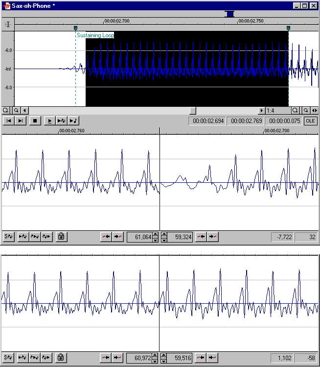 Sound Forge's Loop Tuner. The butt point in the sample in the top picture is not at all smooth. In the lower example the start and end points have been shuffled to create a smooth, flowing waveform.