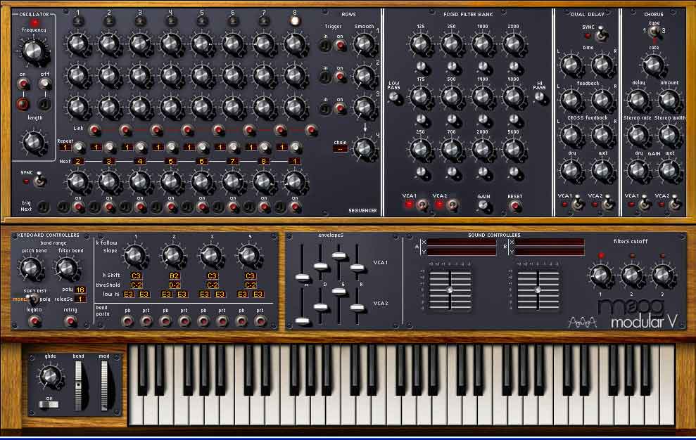 Arturia's Moog Modular V synthesiser has a Modulation wheel (lower left) and a dedicated Chorus section (top right).
