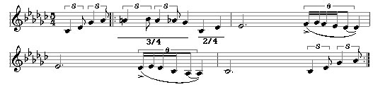 Time Signatures 17 - Take Five groups the 5 beats of the bar into 3/4+2/4.